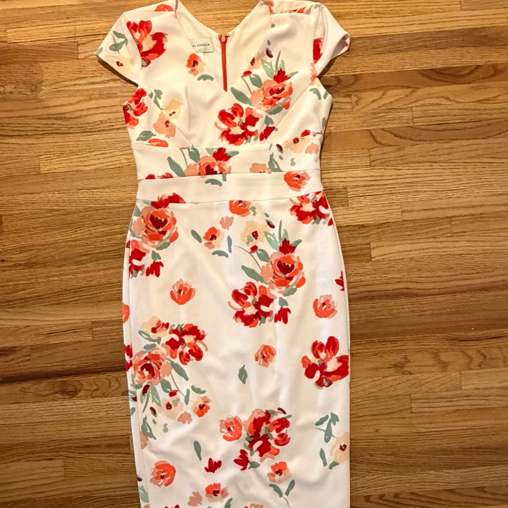 Floral Sheath Dress in White and Coral